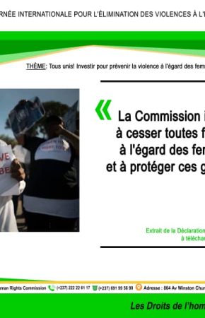 DÉCLARATION DE LA COMMISSION DES DROITS DE L’HOMME DU CAMEROUN À L’OCCASION DE LA CÉLÉBRATION DE LA JOURNÉE INTERNATIONALE POUR L’ÉLIMINATION DES VIOLENCES À L’ÉGARD DES FEMMES