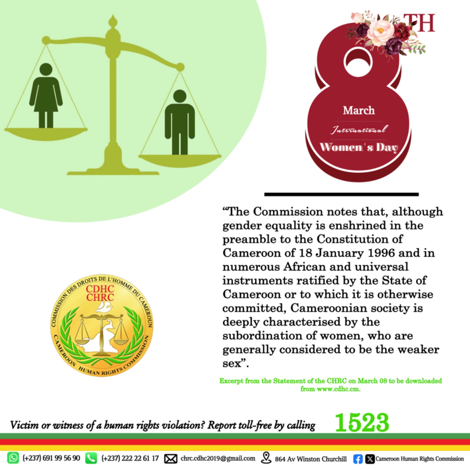 Déclaration de la Commission des Droits de l’homme du Cameroun à l’occasion de la 39e édition de la Journée internationale de la femme, le 8 mars 2024