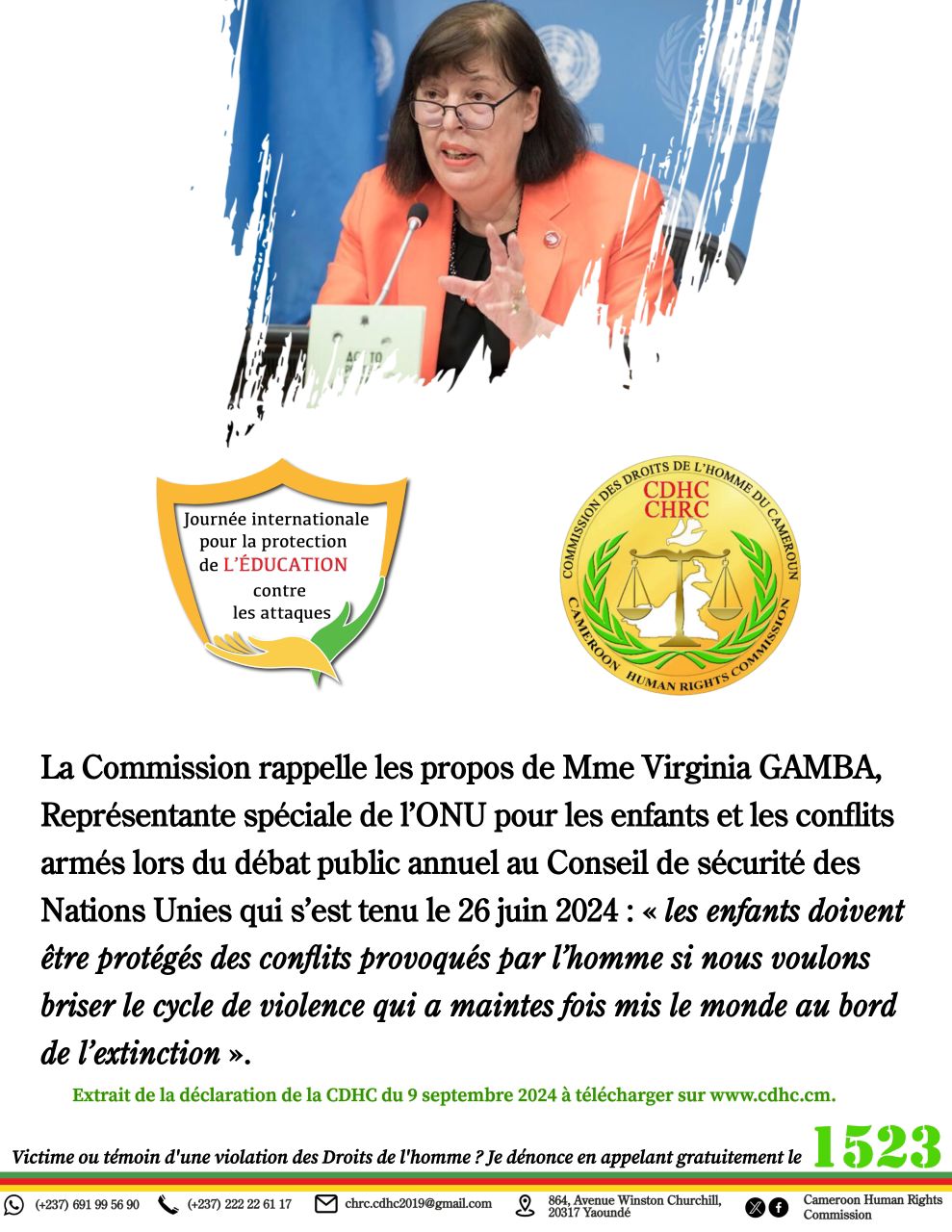 QUELQUES EXTRAITS DE LA DÉCLARATION DE LA COMMISSION DES DROITS DE L’HOMME DU CAMEROUN À L’OCCASION DE LA 5E ÉDITION DE LA JOURNÉE INTERNATIONALE POUR LA PROTECTION DE L’ÉDUCATION CONTRE LES ATTAQUES, le 9 septembre 2024