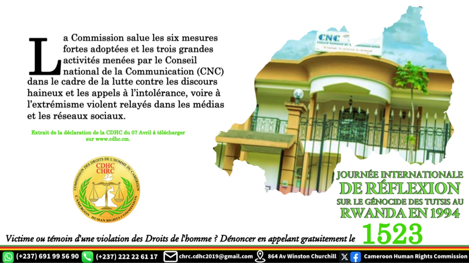 7 AVRIL 2024 : DÉCLARATION DE LA CDHC À L’OCCASION DU 30 e ANNIVERSAIRE DE LA JOURNÉE INTERNATIONALE DE RÉFLEXION SUR LE GÉNOCIDE DES TUTSIS AU RWANDA EN 1994