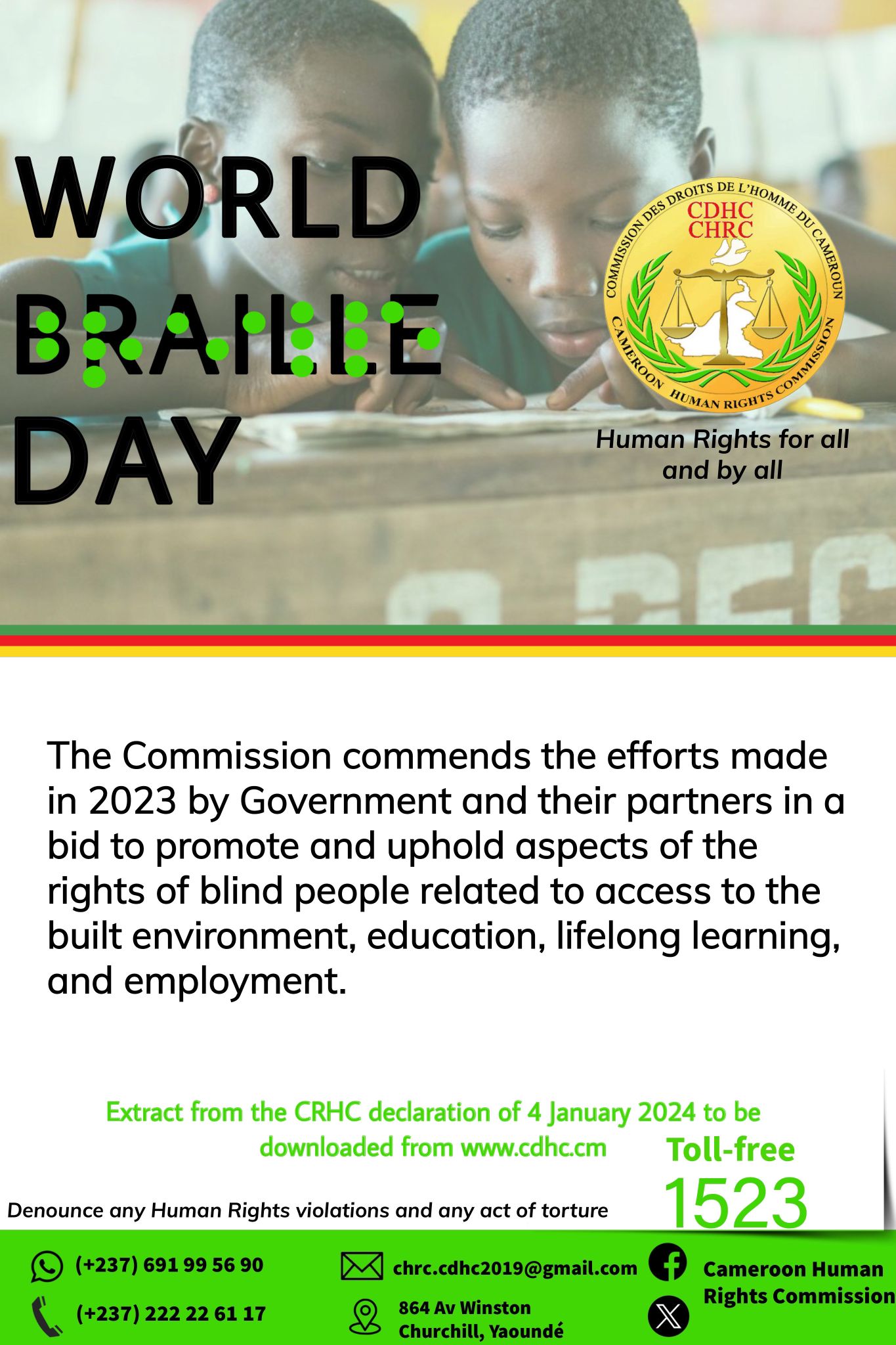 STATEMENT BY THE CAMEROON HUMAN RIGHTS COMMISSION TO MARK THE WORLD BRAILLE DAY