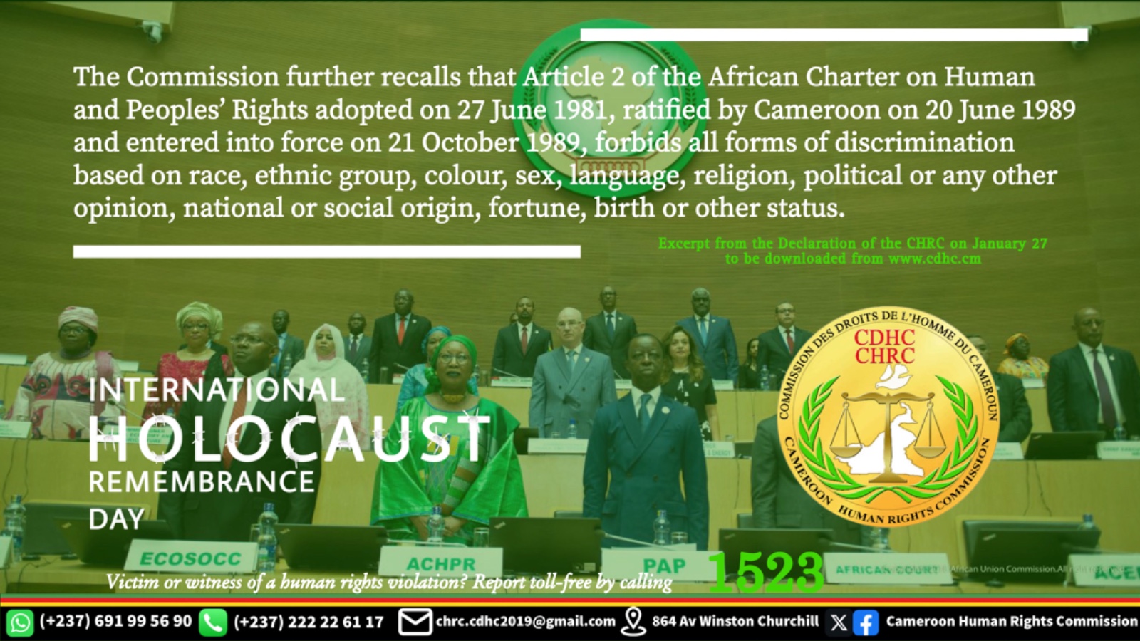 STATEMENT BY THE CAMEROON HUMAN RIGHTS COMMISSION TO MARK THE INTERNATIONAL DAY OF COMMEMORATION IN MEMORY OF THE VICTIMS OF THE HOLOCAUST
