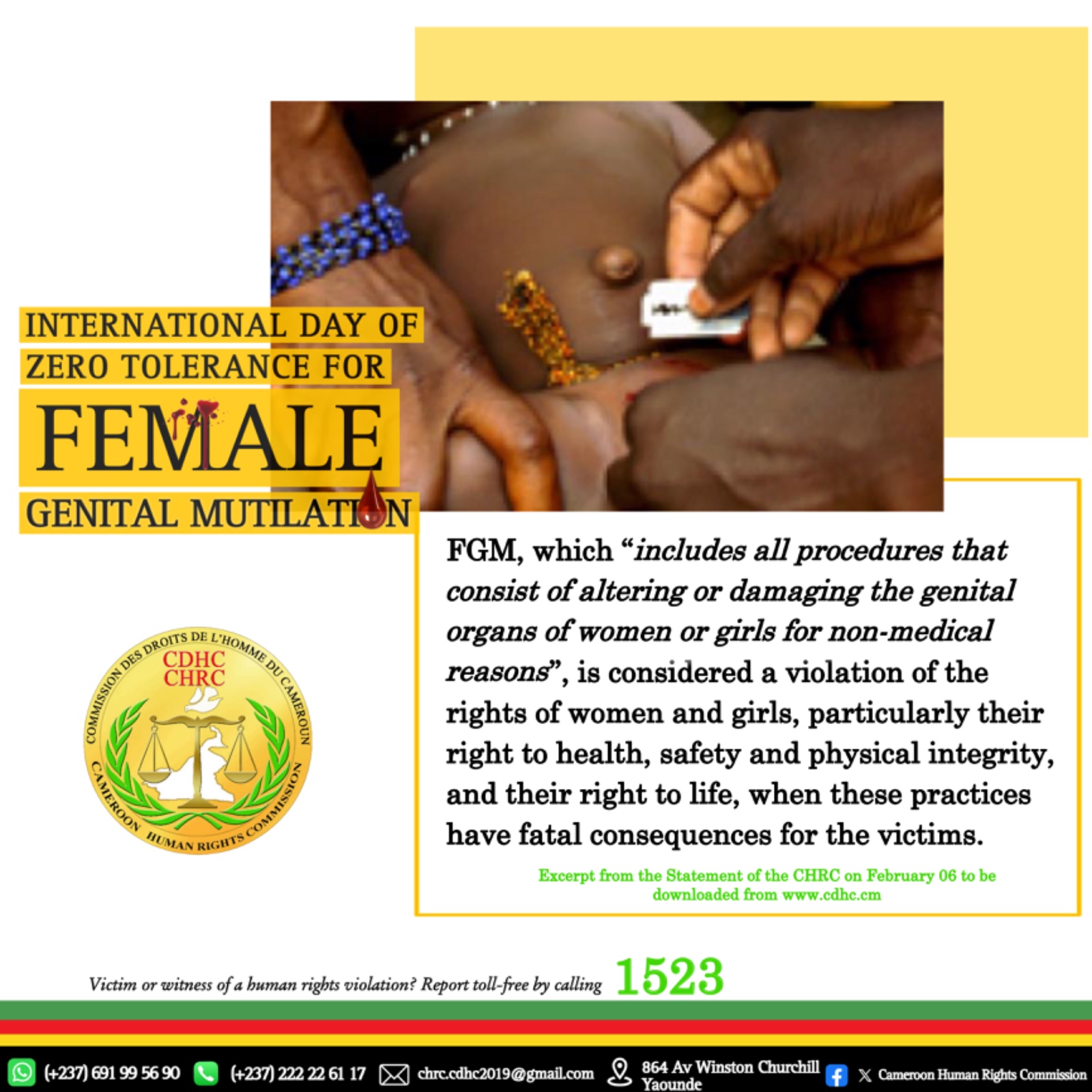 STATEMENT BY THE CAMEROON HUMAN RIGHTS COMMISSION TO MARK THE 17TH INTERNATIONAL DAY OF ZERO TOLERANCE FOR FEMALE GENITAL MUTILATION