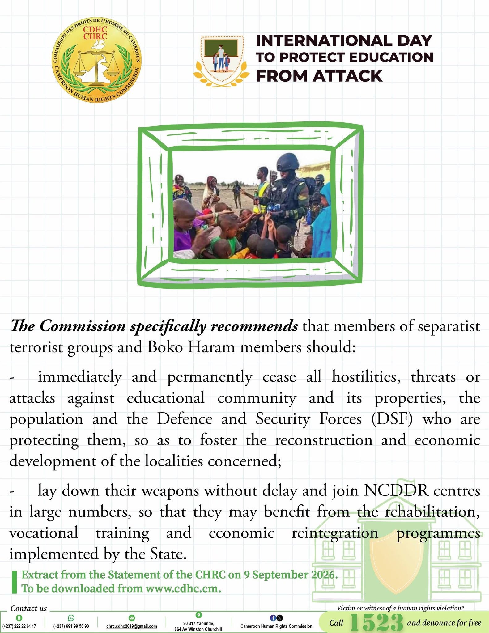 Awareness visuals of the Statement by the CHRC to mark the seventh international Day to protect education from attack