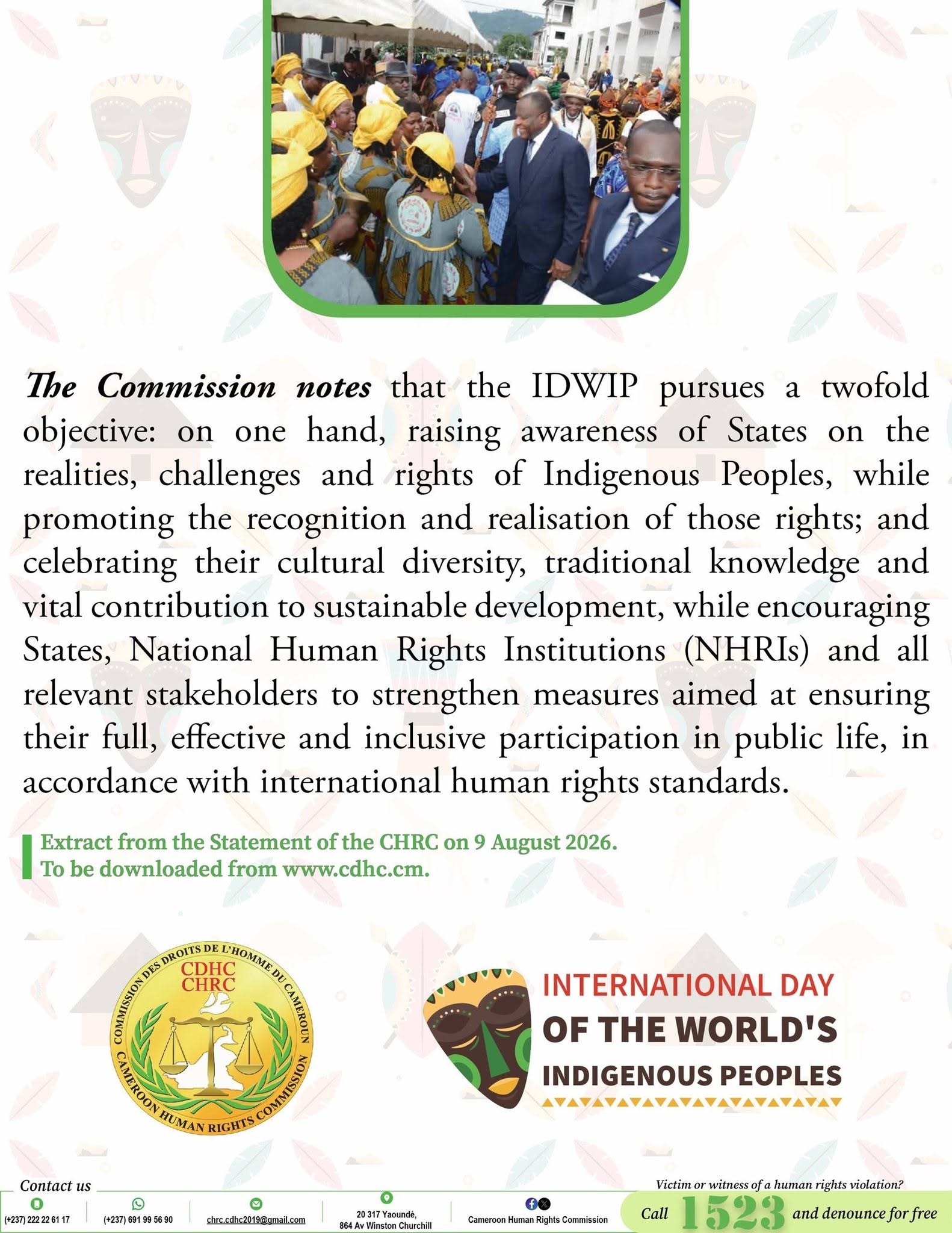 Awareness visuals of the statement by the CHRC to mark the 32nd International Day of the World’s indigenous peoples