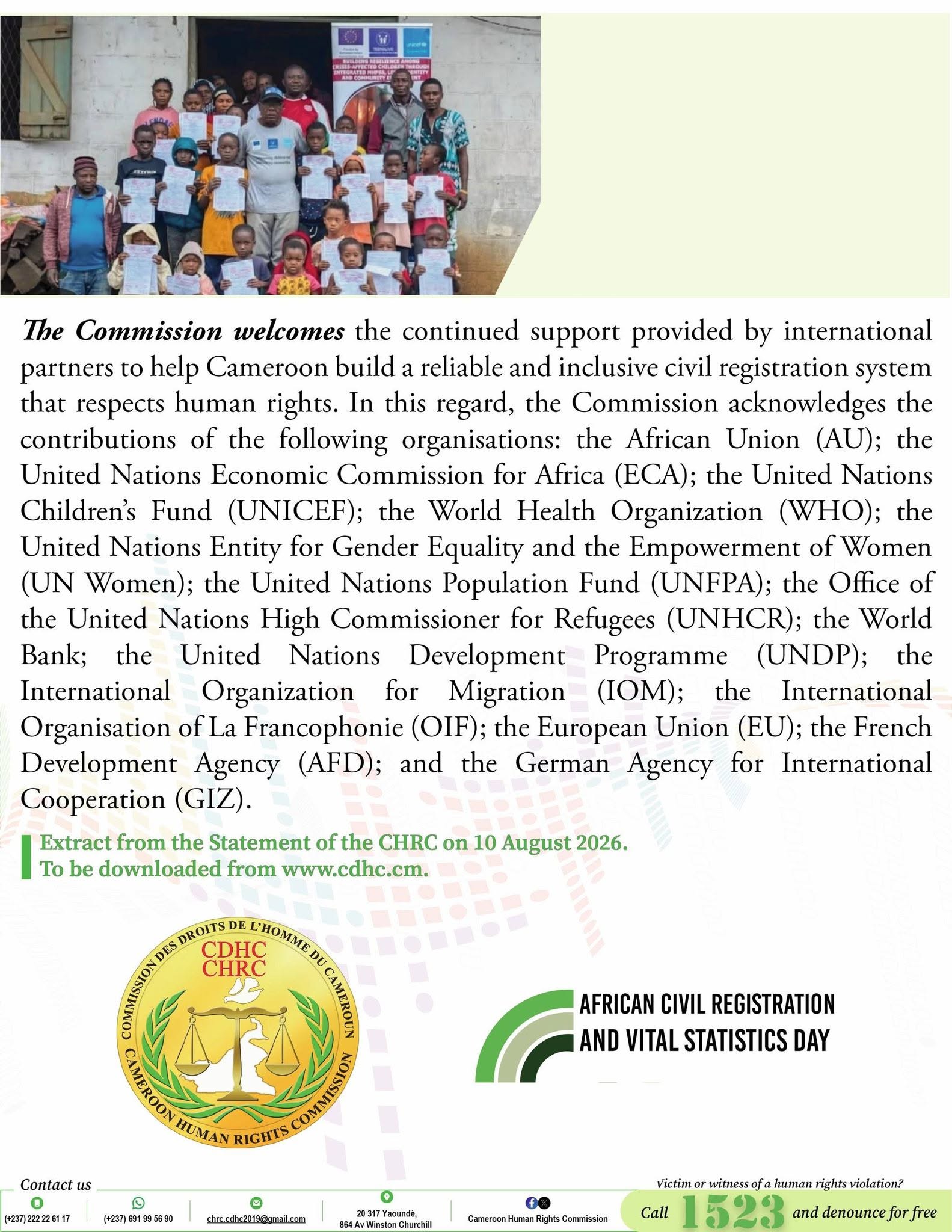 Awareness visuals of the Statement by the CHRC to mark the ninth african civil registration and vital statistics Day