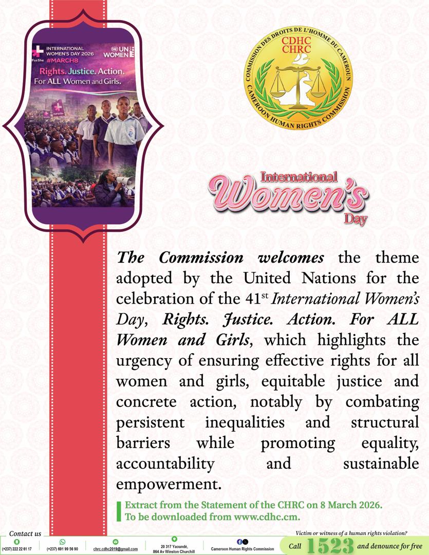 Awareness visuals of the Statement by the Cameroon Human Rights Commission to mark the 41st international Women’s Day