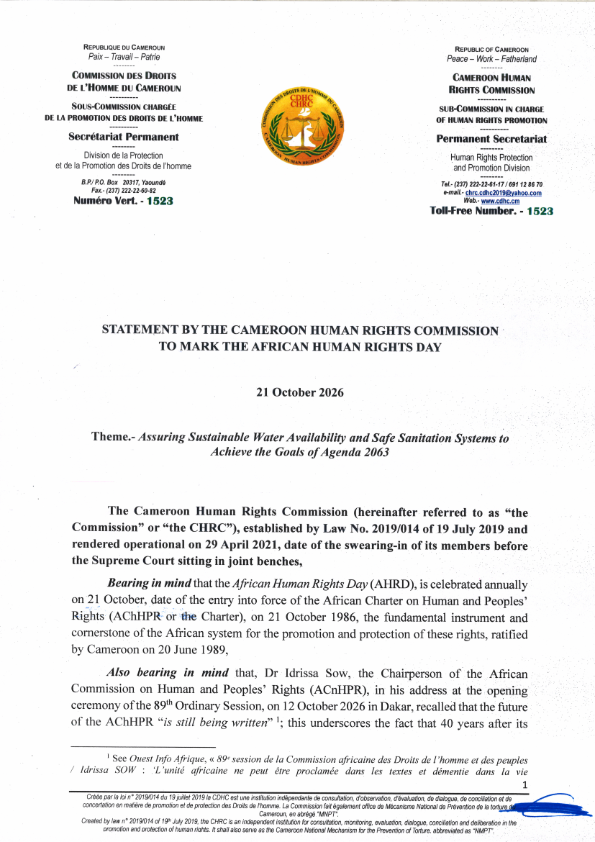 STATEMENT BY THE CAMEROON HUMAN RIGHTS COMMISSION TO MARK THE AFRICAN HUMAN RIGHTS DAY