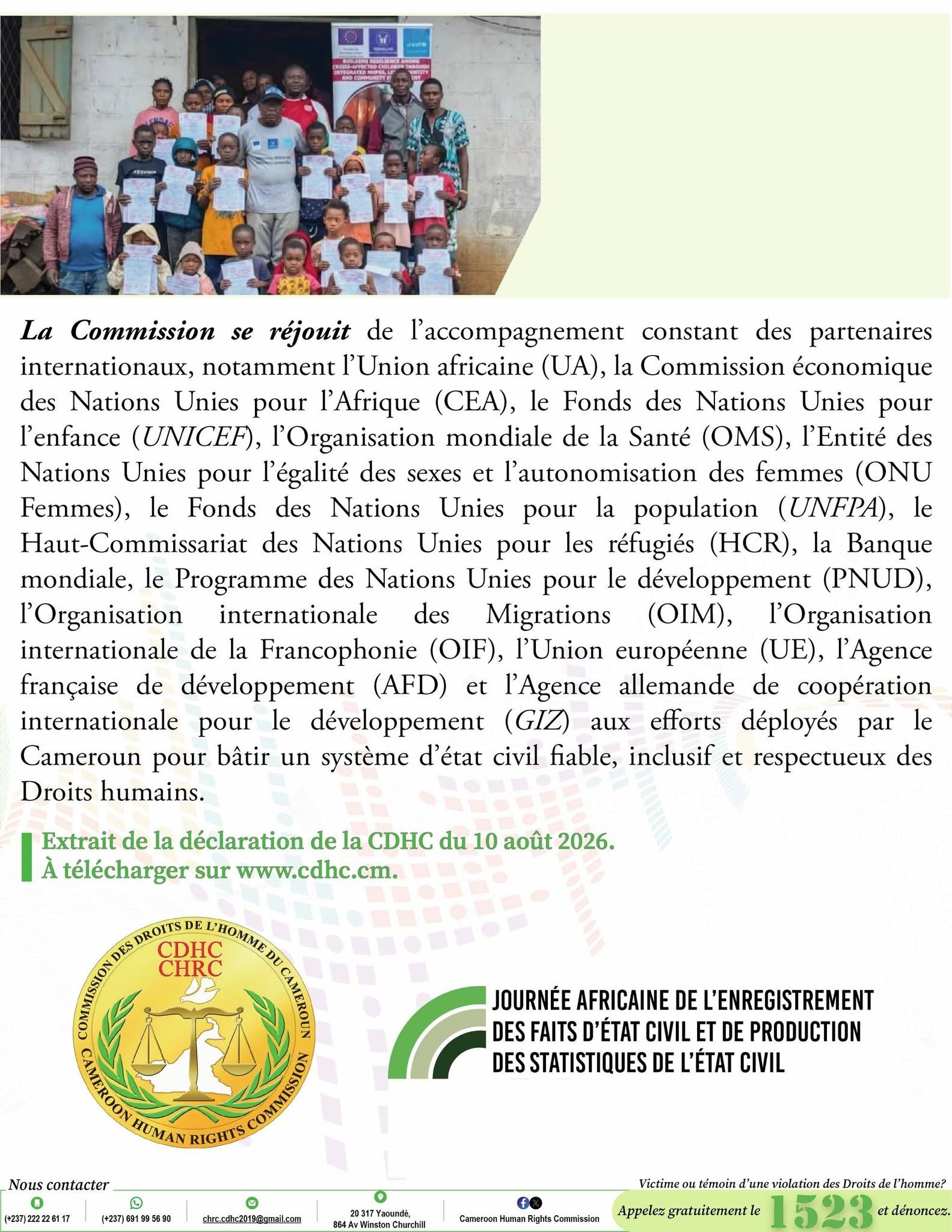Visuels de sensibilisation de la Déclaration de la CDHC à l’occasion de la 9e Journée africaine de l’enregistrement des faits d’état civil et de production des statistiques de l’état civil