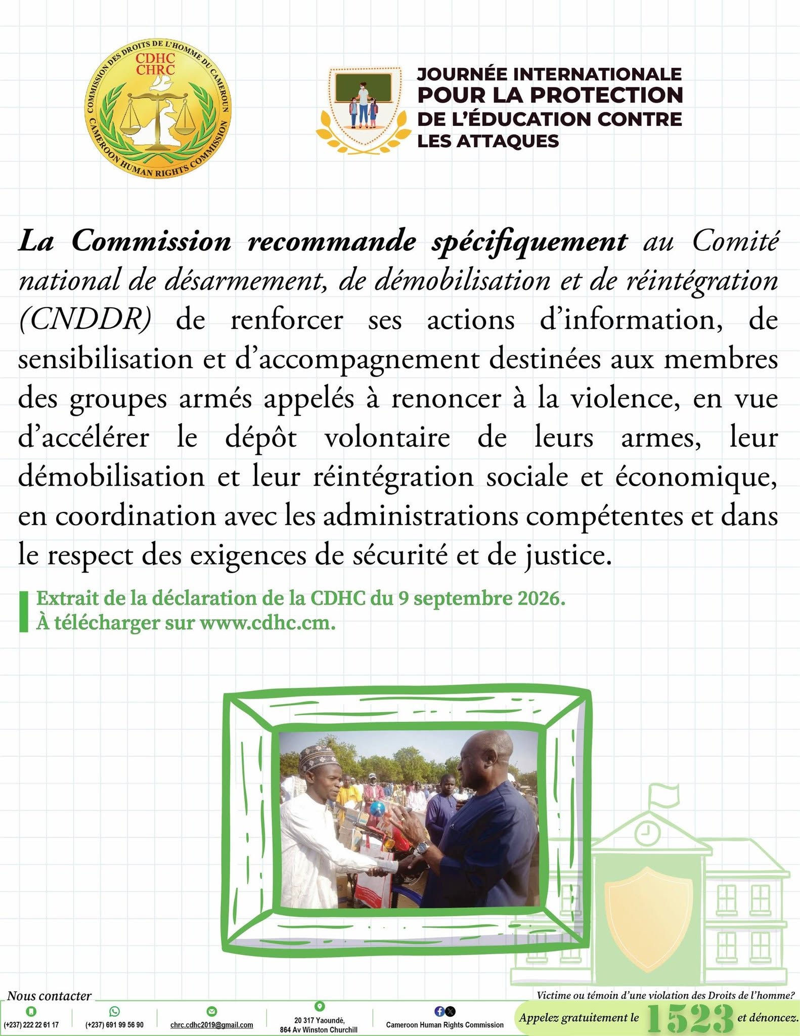 Visuels de sensibilisation de la Déclaration de la CDHC à l’occasion de la 7e édition de la Journée internationale pour la protection l’éducation contre les attaques
