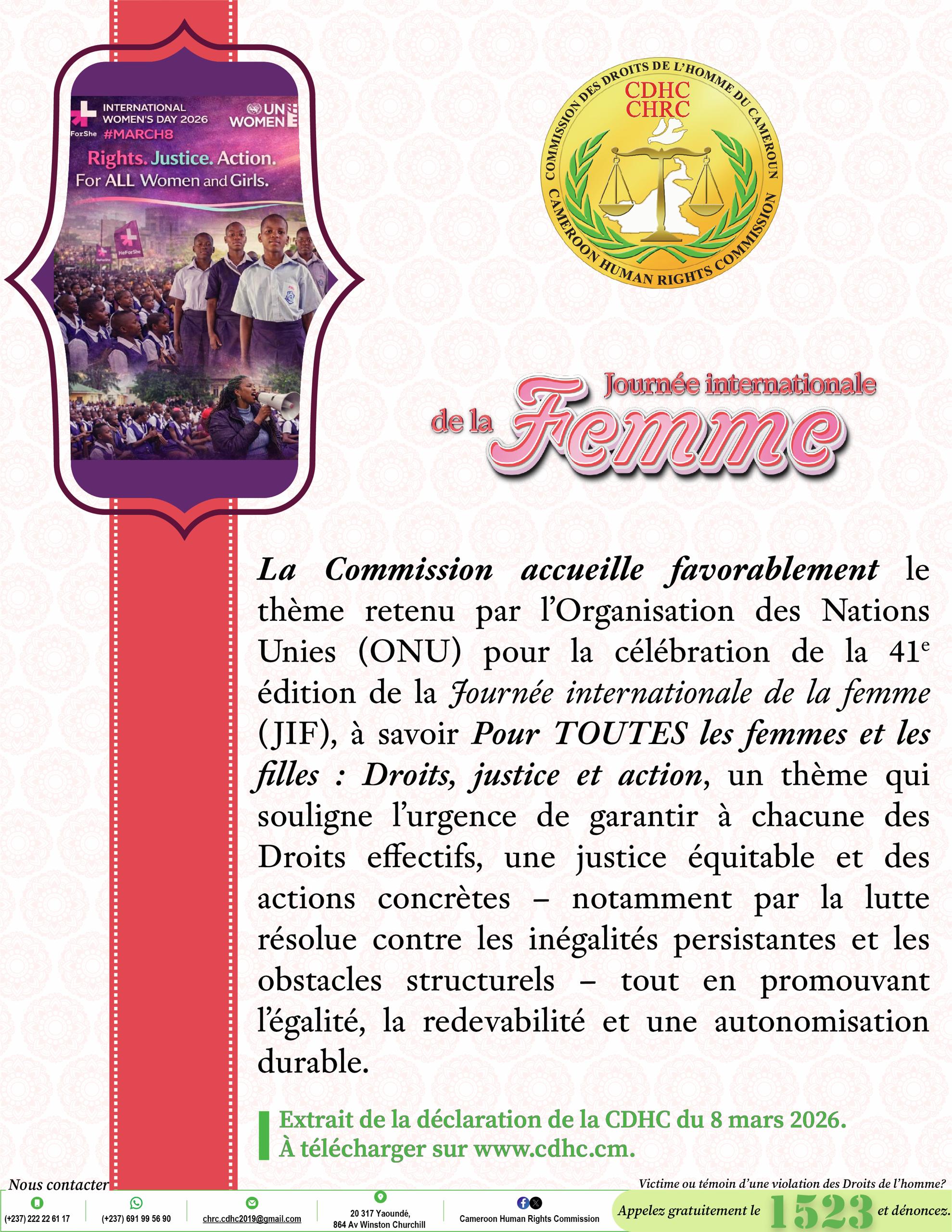 Visuels de sensibilisation de la Déclaration de la Commission des Droits de l’homme du Cameroun à l’occasion de la 41e édition de la Journée internationale de la Femme